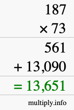 How to calculate 187 times 73 using long multiplication