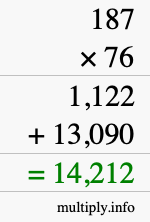 How to calculate 187 times 76 using long multiplication