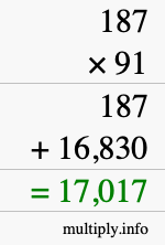How to calculate 187 times 91 using long multiplication