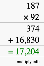 How to calculate 187 times 92 using long multiplication