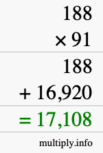 How to calculate 188 times 91 using long multiplication
