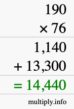 How to calculate 190 times 76 using long multiplication