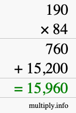 How to calculate 190 times 84 using long multiplication