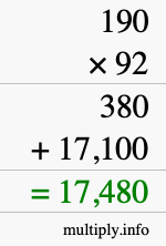 How to calculate 190 times 92 using long multiplication