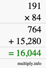 How to calculate 191 times 84 using long multiplication
