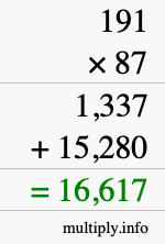How to calculate 191 times 87 using long multiplication