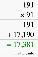 How to calculate 191 times 91 using long multiplication