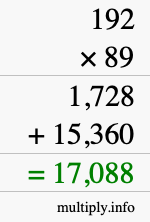 How to calculate 192 times 89 using long multiplication