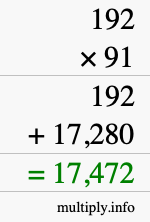 How to calculate 192 times 91 using long multiplication