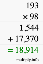 How to calculate 193 times 98 using long multiplication