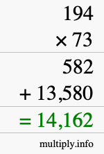 How to calculate 194 times 73 using long multiplication