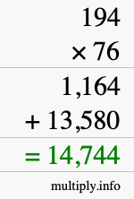How to calculate 194 times 76 using long multiplication