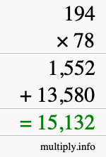 How to calculate 194 times 78 using long multiplication