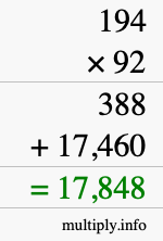 How to calculate 194 times 92 using long multiplication