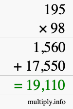 How to calculate 195 times 98 using long multiplication