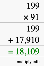 How to calculate 199 times 91 using long multiplication