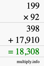 How to calculate 199 times 92 using long multiplication