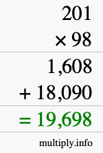 How to calculate 201 times 98 using long multiplication
