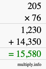 How to calculate 205 times 76 using long multiplication