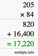 How to calculate 205 times 84 using long multiplication How to calculate 205 times 84 using long multiplication