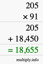 How to calculate 205 times 91 using long multiplication