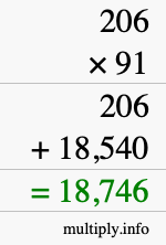 How to calculate 206 times 91 using long multiplication