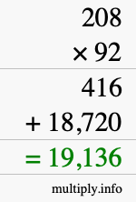How to calculate 208 times 92 using long multiplication