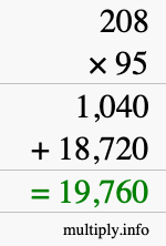 How to calculate 208 times 95 using long multiplication