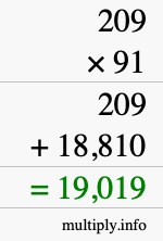 How to calculate 209 times 91 using long multiplication