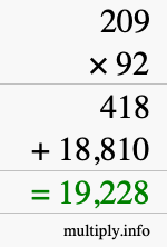 How to calculate 209 times 92 using long multiplication