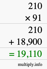 How to calculate 210 times 91 using long multiplication