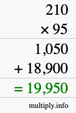 How to calculate 210 times 95 using long multiplication