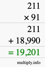 How to calculate 211 times 91 using long multiplication