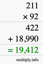 How to calculate 211 times 92 using long multiplication