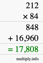 How to calculate 212 times 84 using long multiplication
