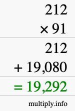 How to calculate 212 times 91 using long multiplication