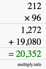 How to calculate 212 times 96 using long multiplication