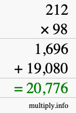 How to calculate 212 times 98 using long multiplication