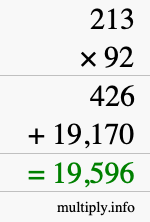 How to calculate 213 times 92 using long multiplication