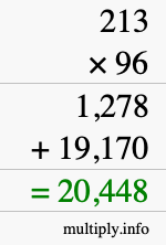 How to calculate 213 times 96 using long multiplication