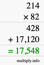 How to calculate 214 times 82 using long multiplication