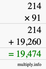 How to calculate 214 times 91 using long multiplication