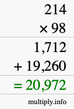 How to calculate 214 times 98 using long multiplication