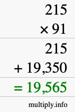 How to calculate 215 times 91 using long multiplication