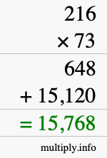 How to calculate 216 times 73 using long multiplication