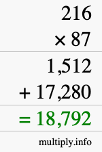 How to calculate 216 times 87 using long multiplication