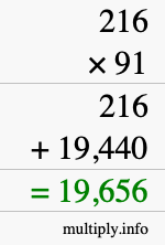 How to calculate 216 times 91 using long multiplication