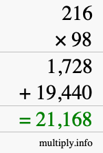 How to calculate 216 times 98 using long multiplication