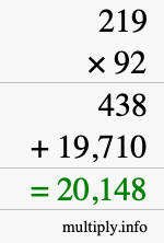 How to calculate 219 times 92 using long multiplication