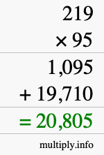 How to calculate 219 times 95 using long multiplication